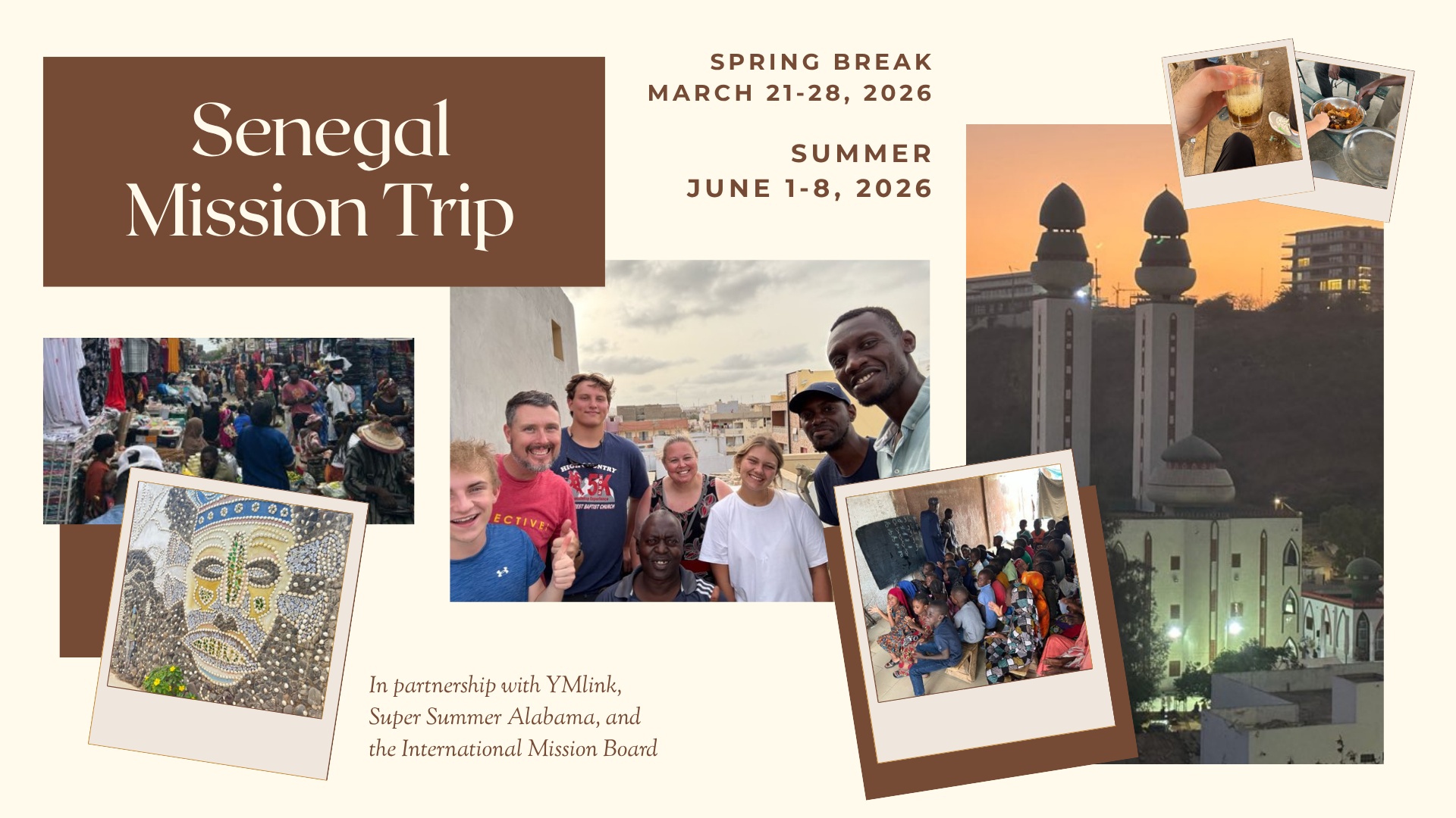 Graphic promoting Senegal Mission Trip featuring photos from Senegal.